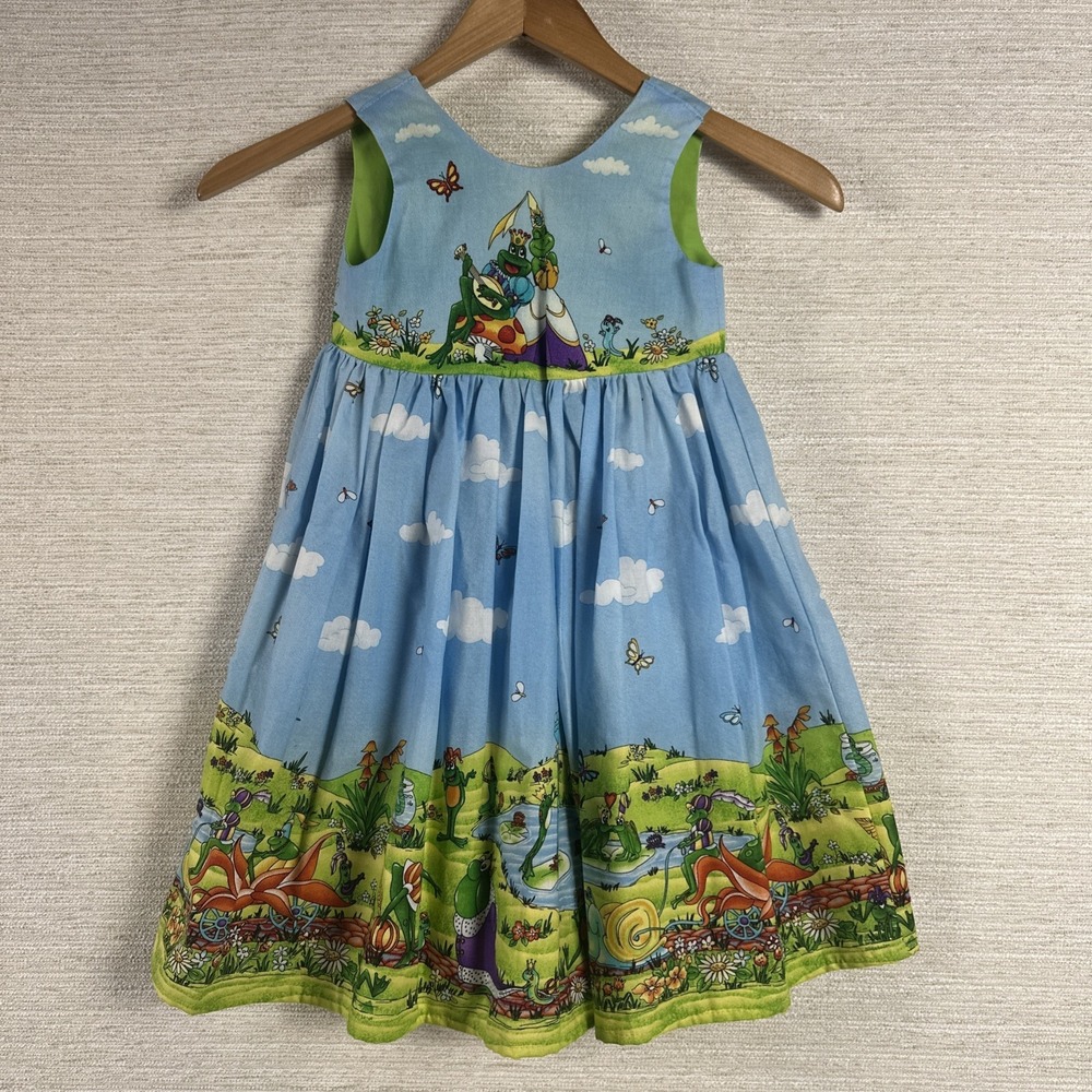 Vintage Handmade Girls Dress Frog Prince Cottagecore Storybook Print Toddler 2T